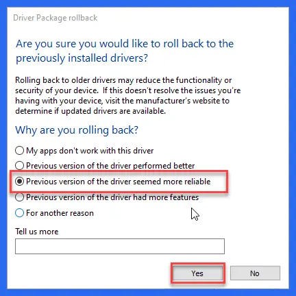 Rollback previously installed drivers in Windows 11