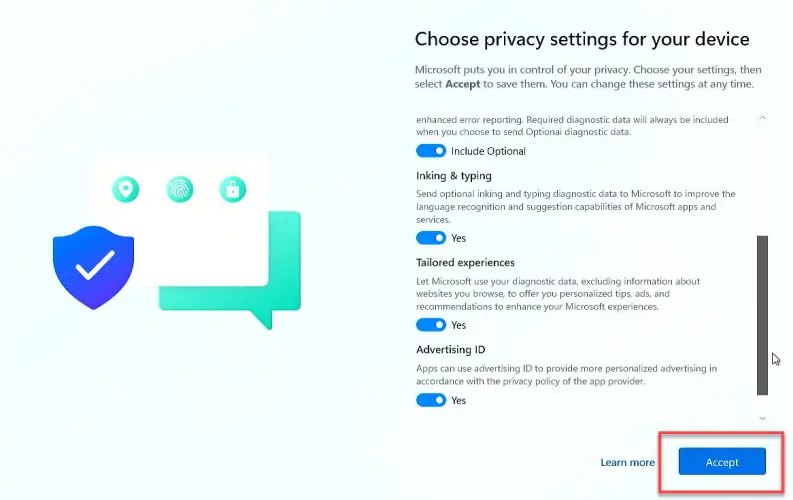 Choose Privacy settings and click on Accept