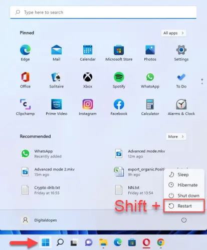 Using Shift Key - Hold the shift key and click on Restart button