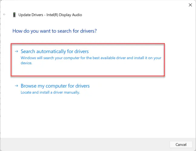 Pick the Search automatically for driver option