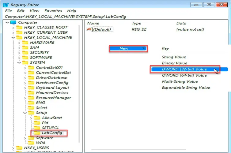Right-click on the right-hand panel of the LabConfig folder, choose New and select DWORD (32-bit) Value