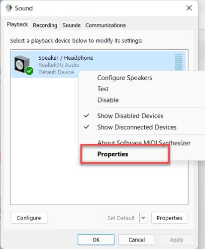 Right-click on your HP Laptop's sound device and choose the Properties option