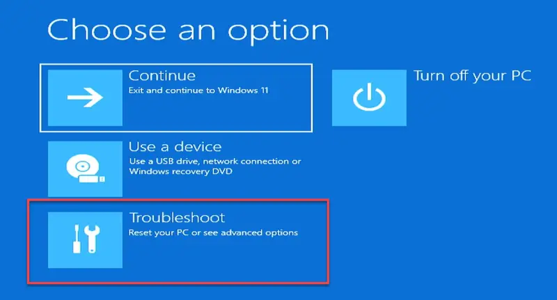 Choose Troubleshoot option and tap Enter