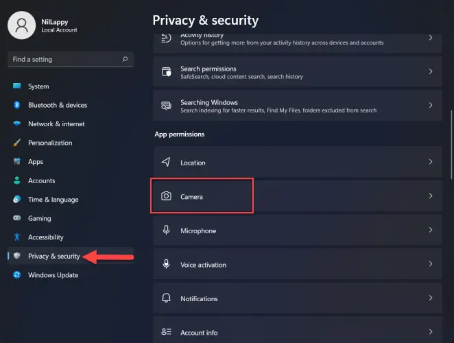 Click on Privacy and security, select Camera