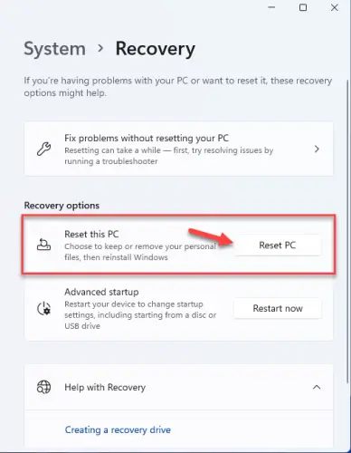 Click on Reset PC beside Reset this PC