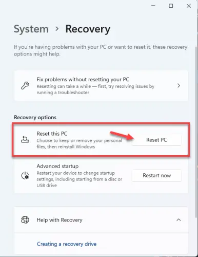 Click on Reset PC under the Recovery option