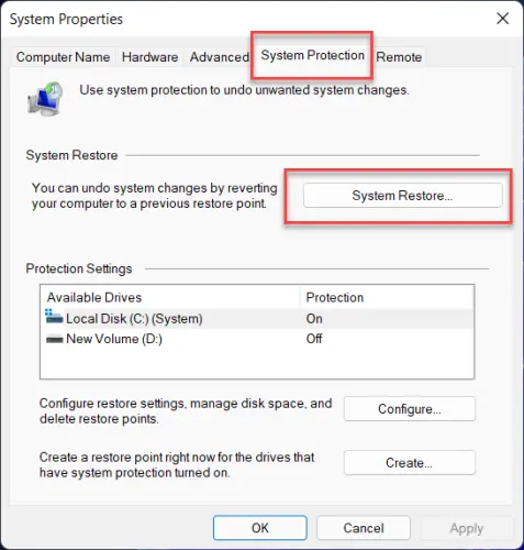 Click on the System Restore under System Protection