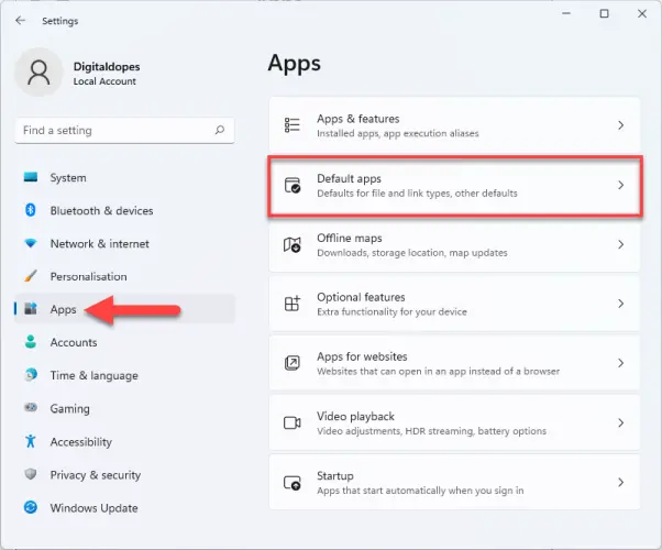 Move to Apps and click on Default apps