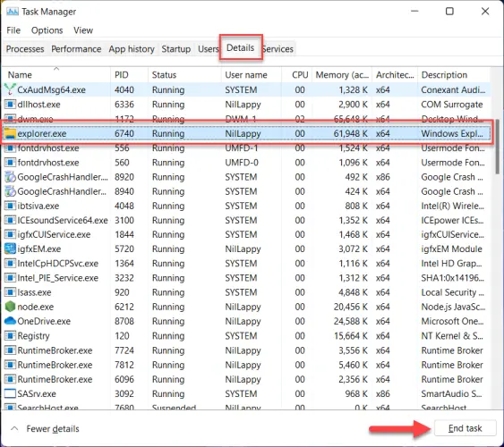 Move to the Details tab, locate explorer.exe and click on End task