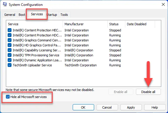 Move to the Services tab, tick the box Hide all Microsoft services and click on Disable all
