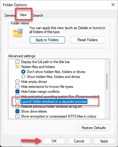 Move to the View tab and untick the box Launch folder windows in a separate process