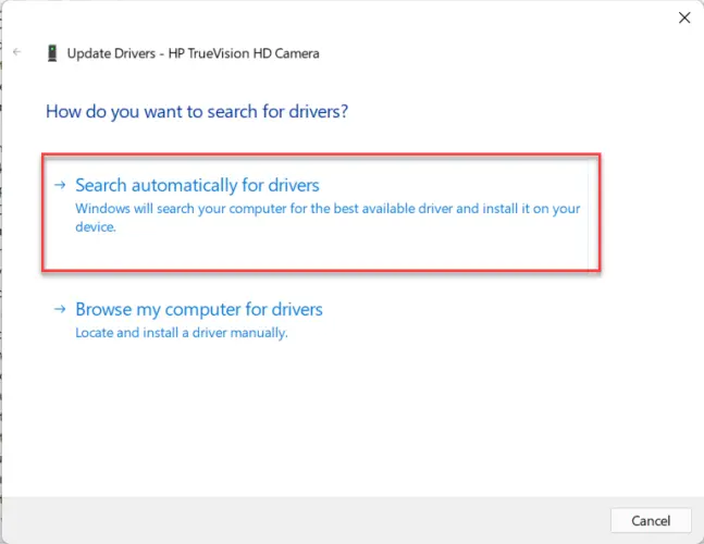 Pick Search automatically for drivers to install the driver