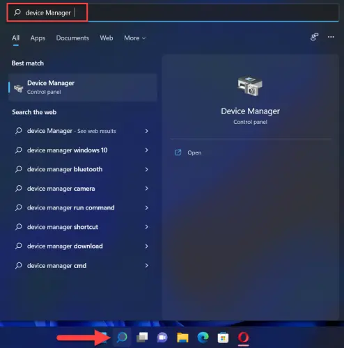 Type Device manager on the Search menu and hit Enter key