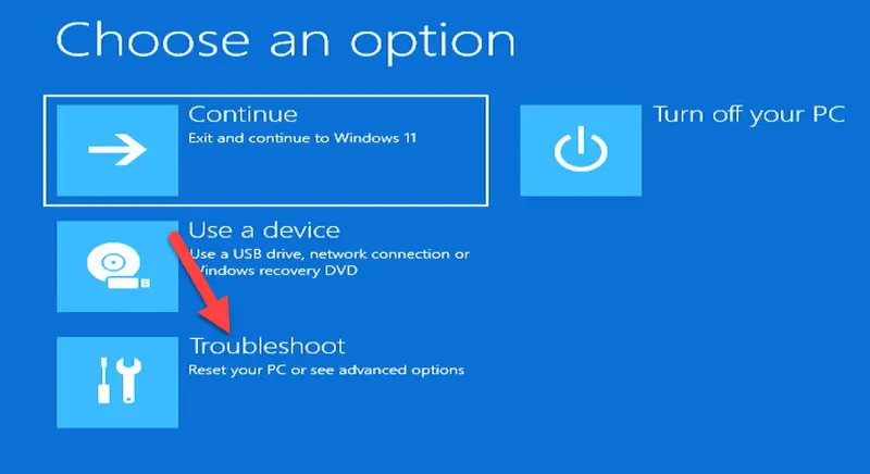Choose Troubleshoot when Windows Recovery Environment opensup