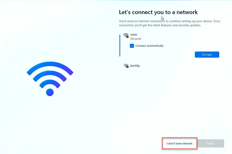 Click on I don’t have internet, or you can connect to your internet