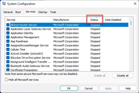 Click on Status to know which Microsoft services are running and which are stopped