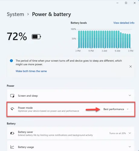 Click on the drop-down arrow and pick Best performance next to power mode
