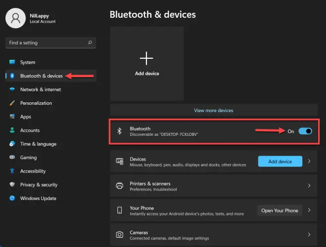 Go to Bluetooth and devices and turn on Bluetooth