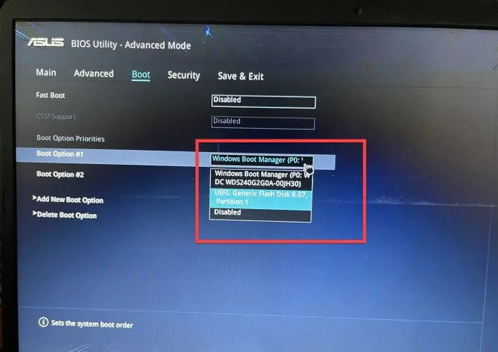 Go to Boot option #1, Click on it and choose the second option