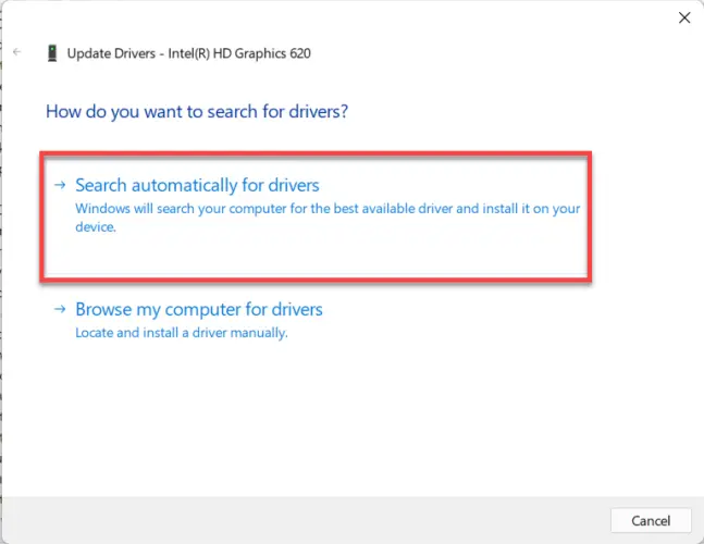 Select the Search automatically for Drivers option