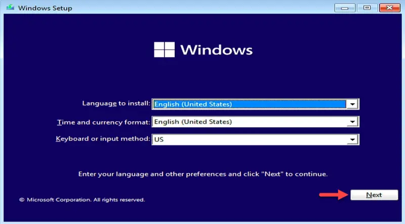 Select the language, time, and keyboard from Installation Wizard and hit the Next button