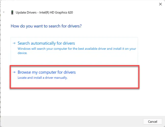 To install the driver manually choose Browse my Computer for Drivers