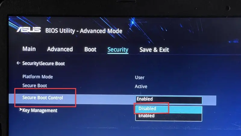 Go to Secure Boot Control, tap Enter and select Disable