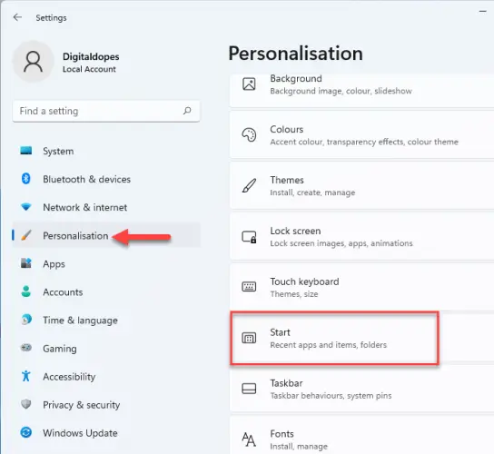 Move to the Personalization option and click on the Start