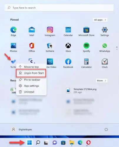 Right-click on the app you wish to unpin from start menu and select Unpin from Start
