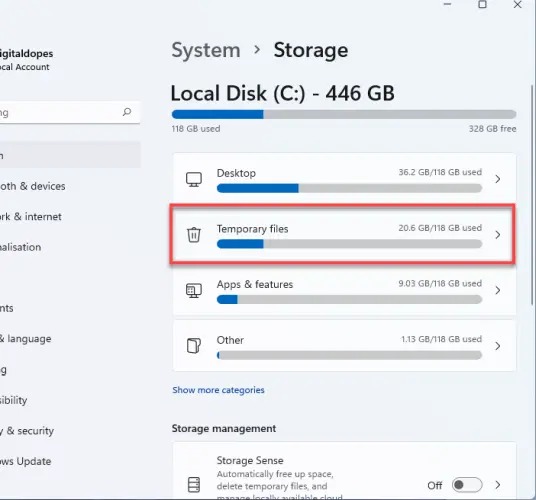 Select Temporary files under Local Disk